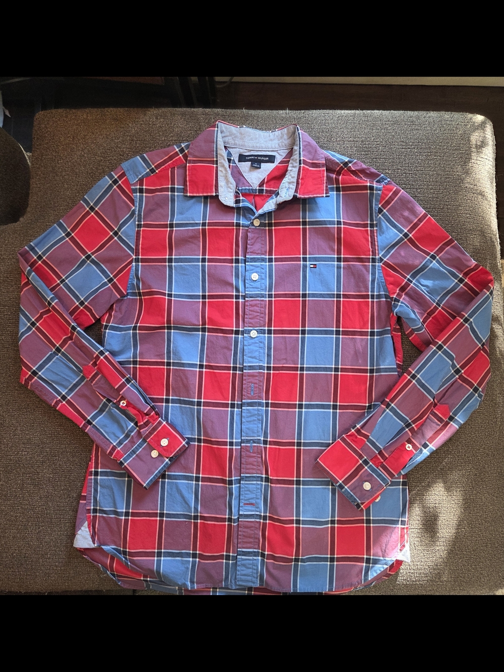 Tommy Hilfiger Red and Blue Plaid Casual Button-Down Shirt.  100% Cotton